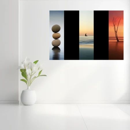 Minimalist zen triptych — balanced stones, solitary figure, bare tree at sunset