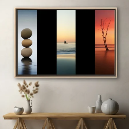 Minimalist zen triptych — balanced stones, solitary figure, bare tree at sunset