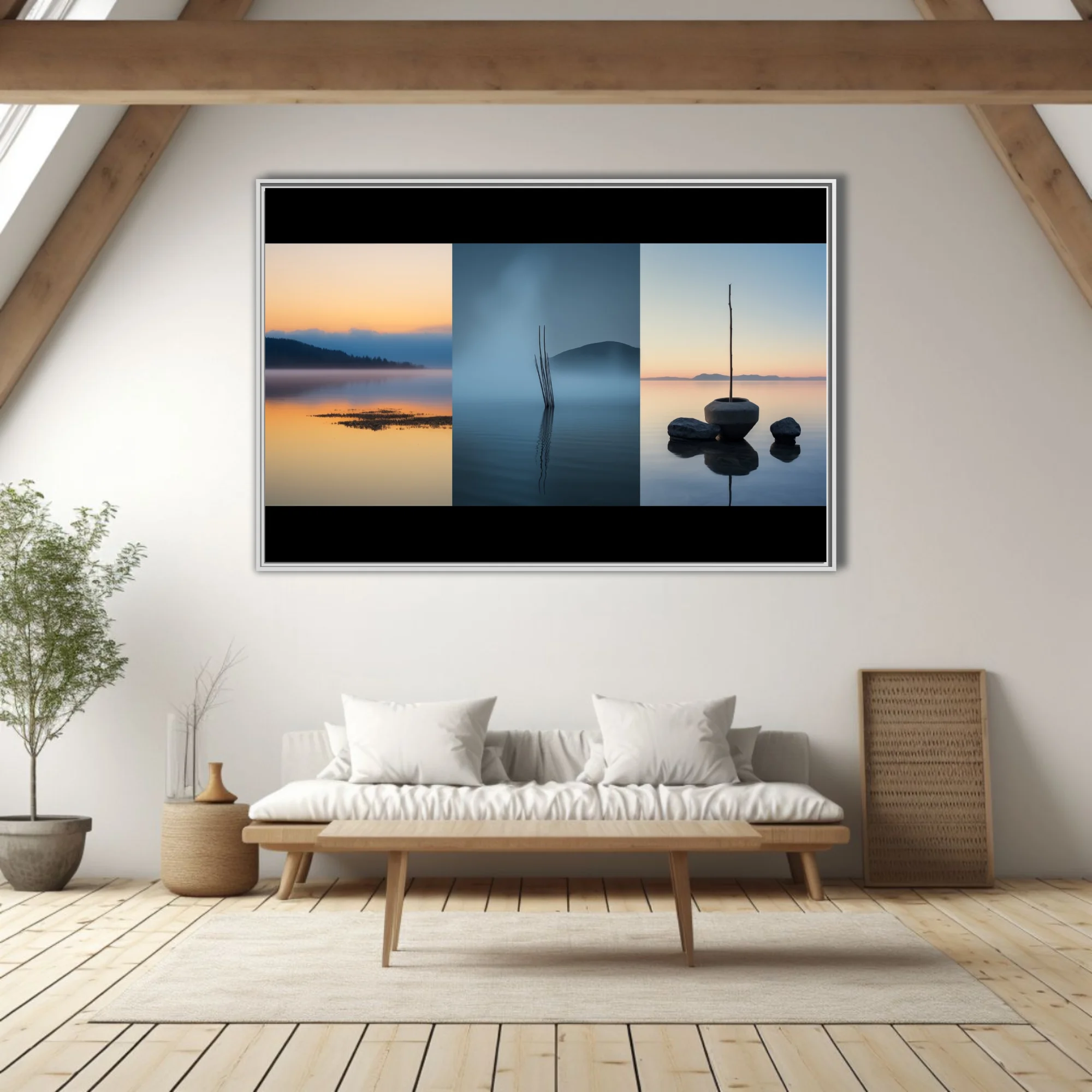 Minimalist lake triptych — misty water reflections in blue and amber at dawn