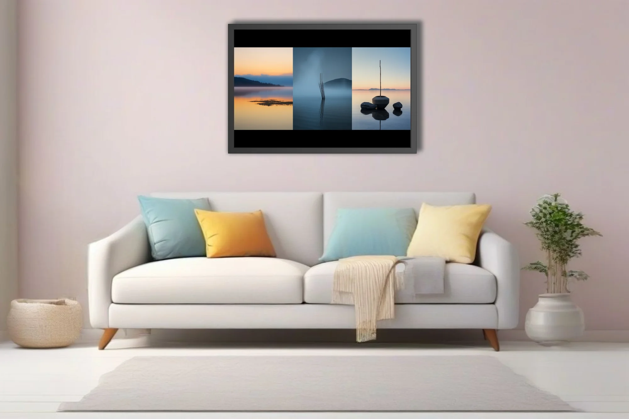 Minimalist lake triptych — misty water reflections in blue and amber at dawn