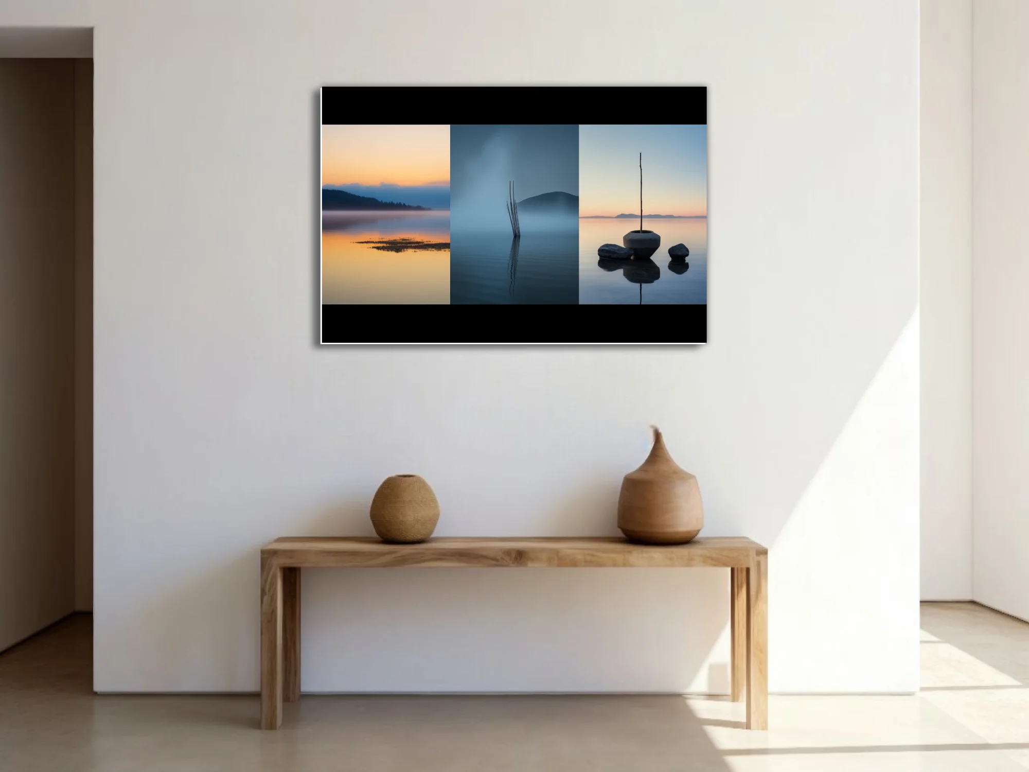 Minimalist lake triptych — misty water reflections in blue and amber at dawn