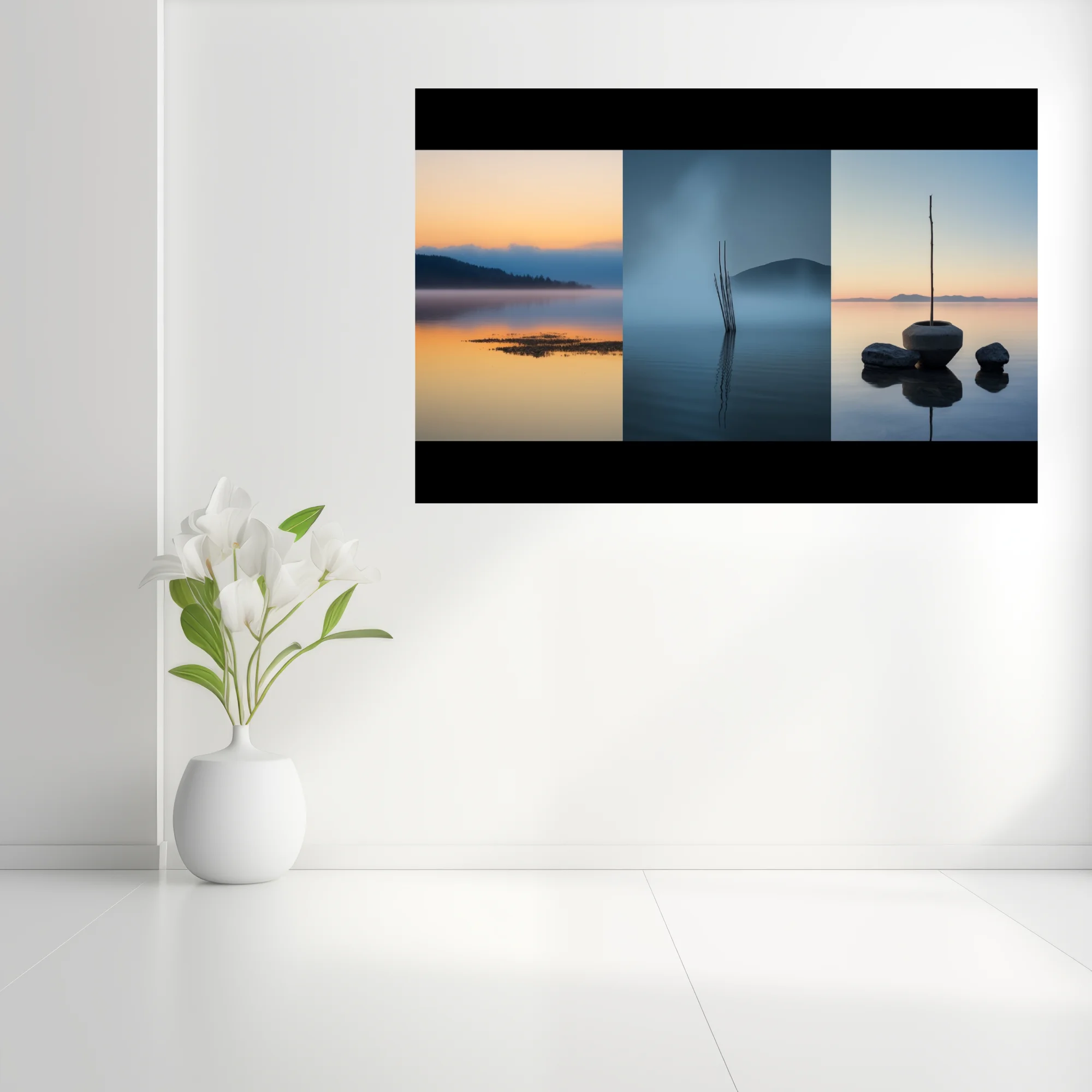 Minimalist lake triptych — misty water reflections in blue and amber at dawn