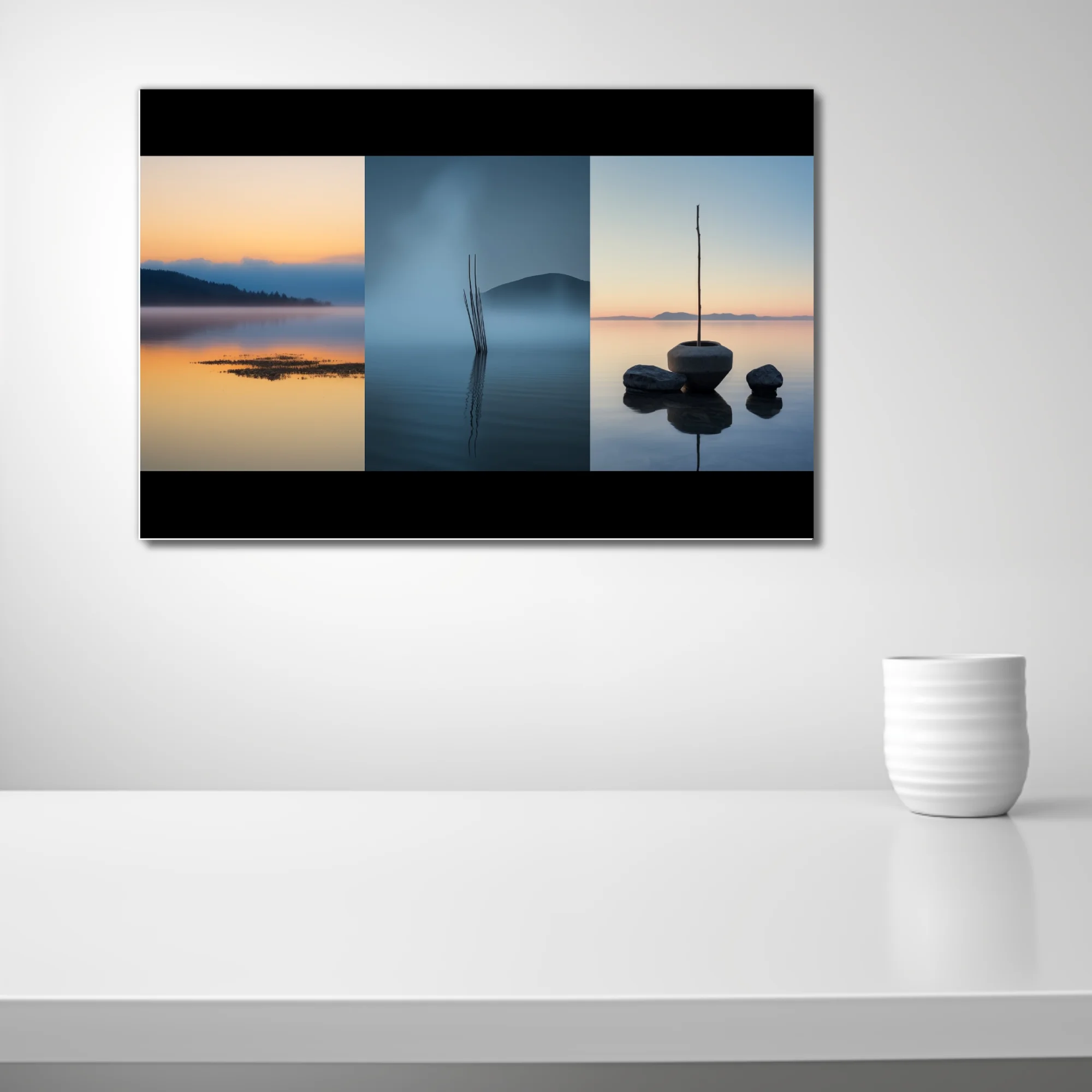 Minimalist lake triptych — misty water reflections in blue and amber at dawn