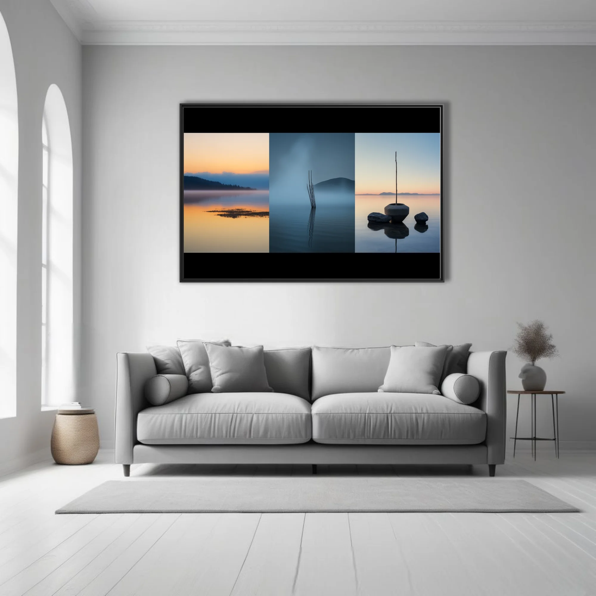 Minimalist lake triptych — misty water reflections in blue and amber at dawn