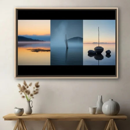 Minimalist lake triptych — misty water reflections in blue and amber at dawn