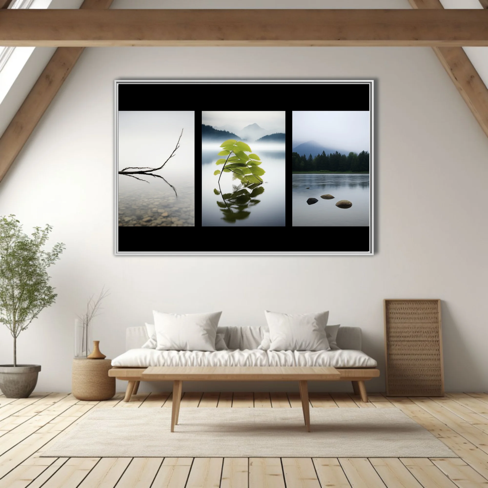 Minimalist zen triptych — misty water, botanical reflection, stones, soft grey tones