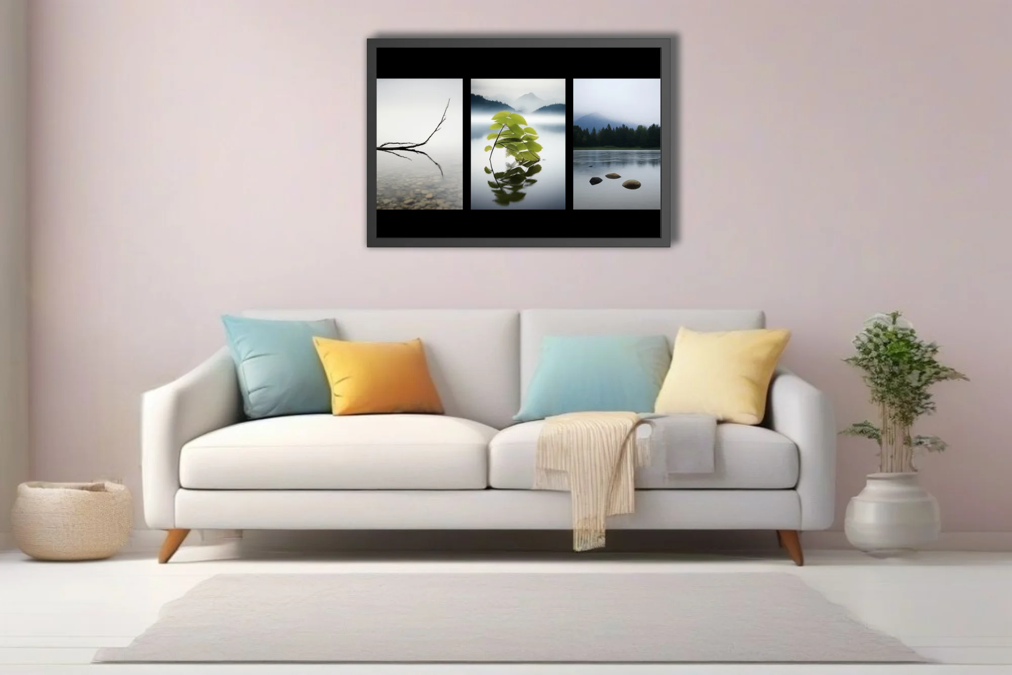 Minimalist zen triptych — misty water, botanical reflection, stones, soft grey tones