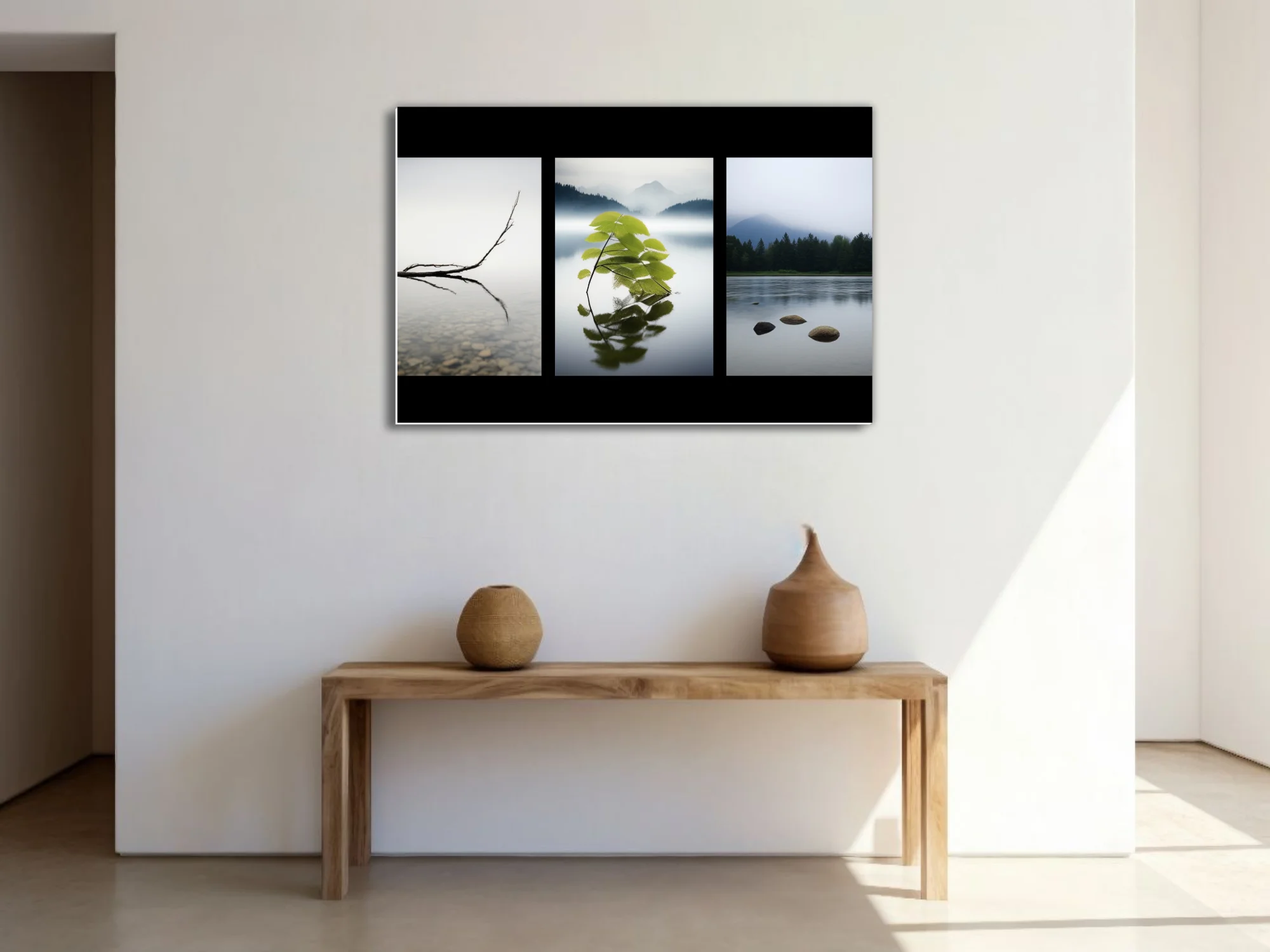 Minimalist zen triptych — misty water, botanical reflection, stones, soft grey tones