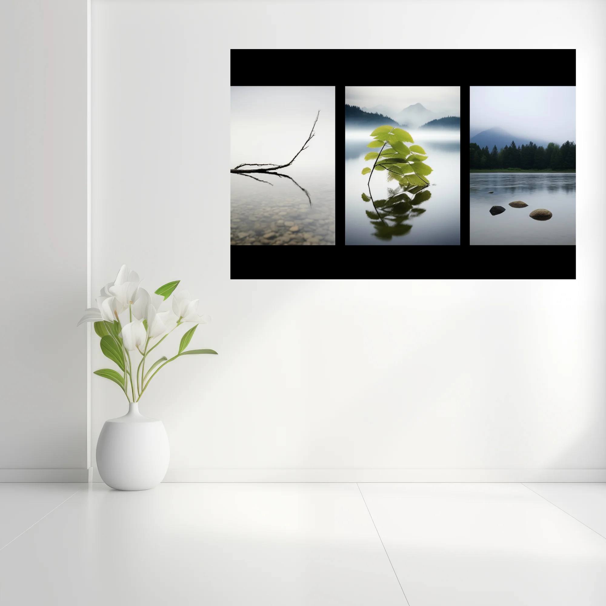 Minimalist zen triptych — misty water, botanical reflection, stones, soft grey tones