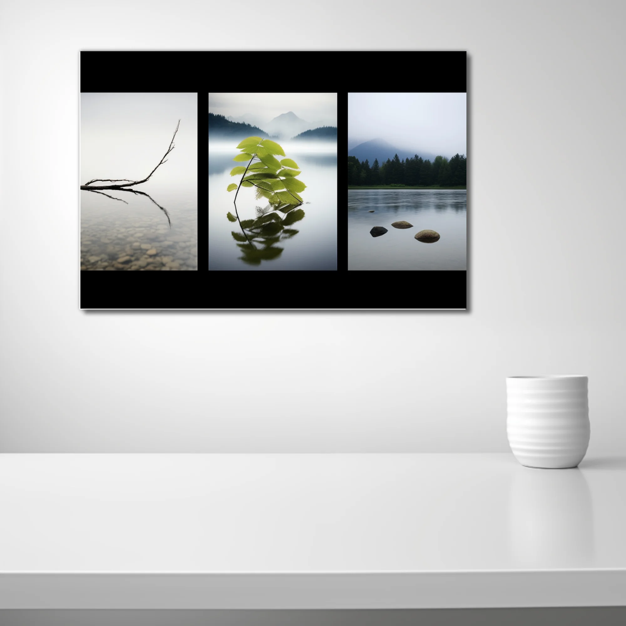 Minimalist zen triptych — misty water, botanical reflection, stones, soft grey tones