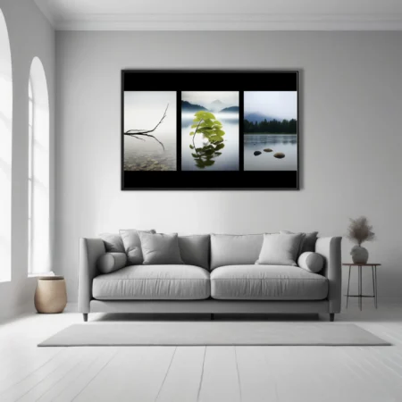 Minimalist zen triptych — misty water, botanical reflection, stones, soft grey tones