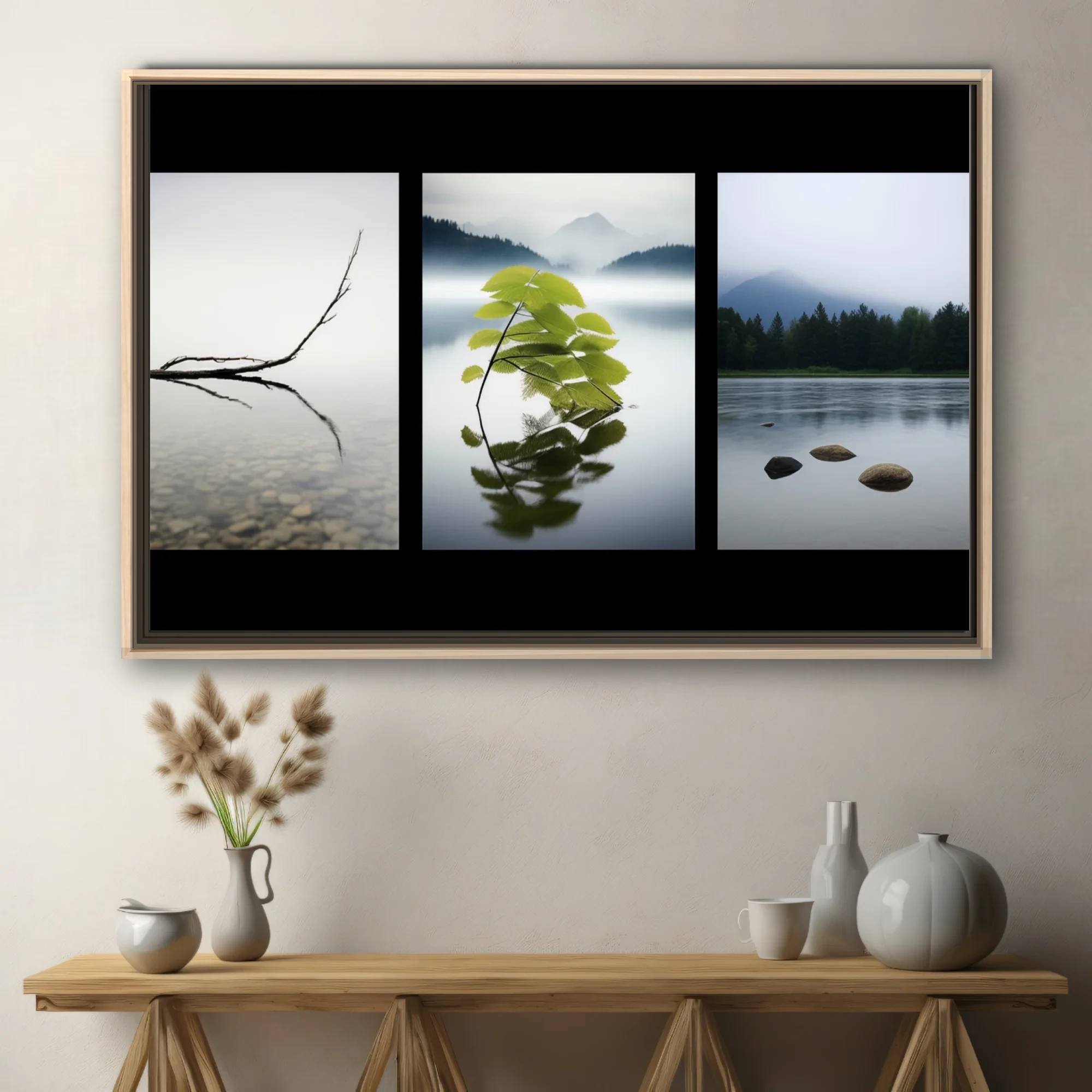 Minimalist zen triptych — misty water, botanical reflection, stones, soft grey tones
