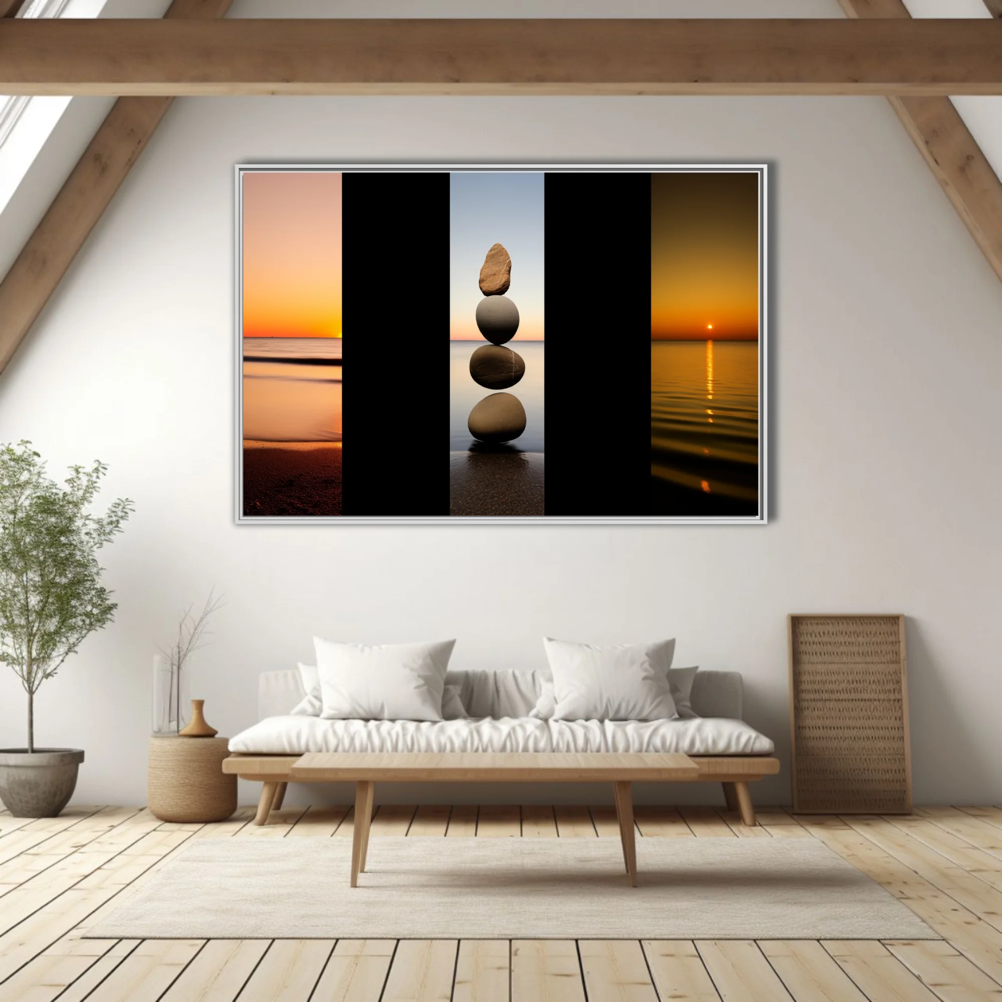 Minimalist zen stone stack triptych with coastal sunset tones, meditative wall art