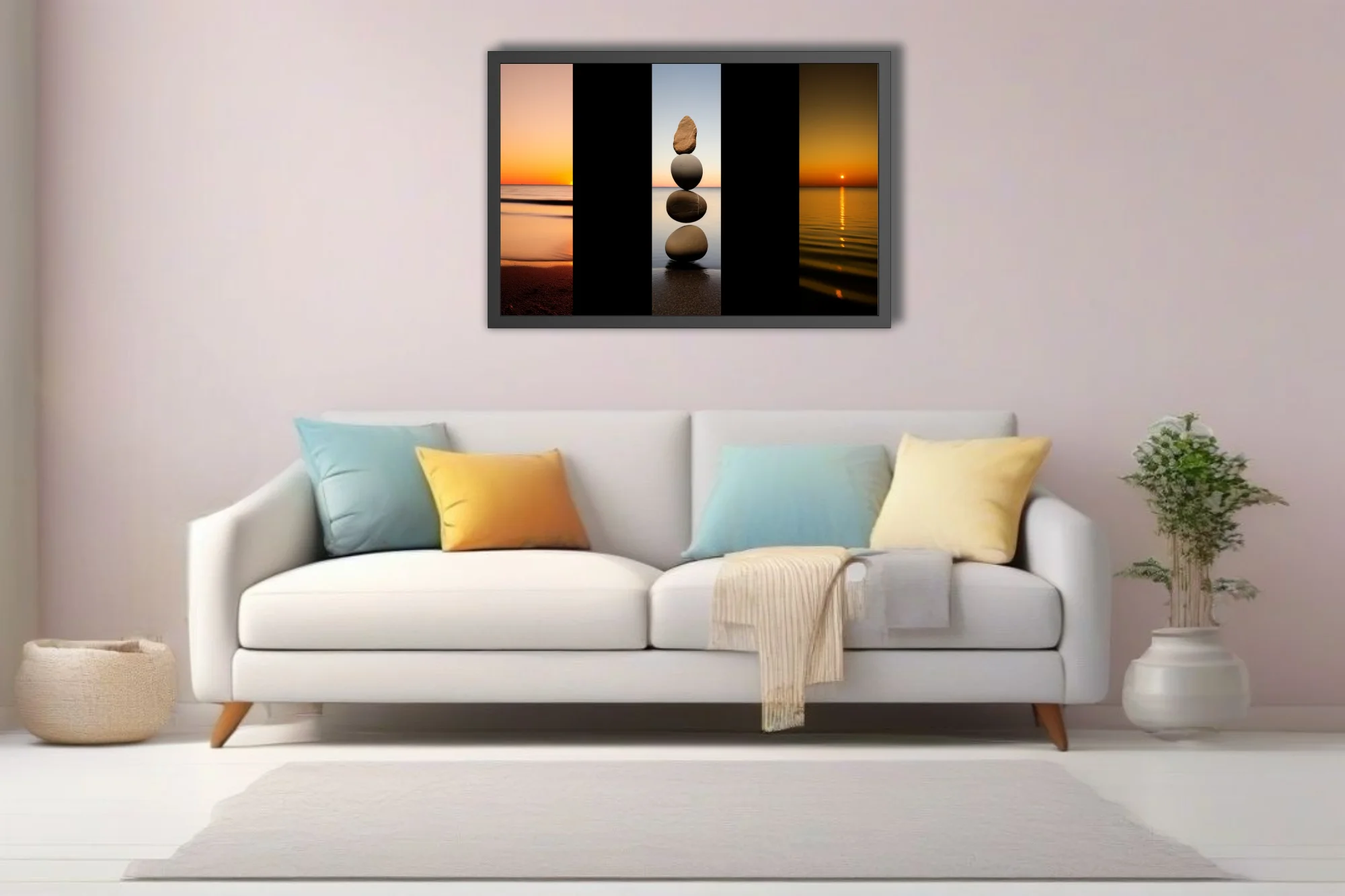 Minimalist zen stone stack triptych with coastal sunset tones, meditative wall art