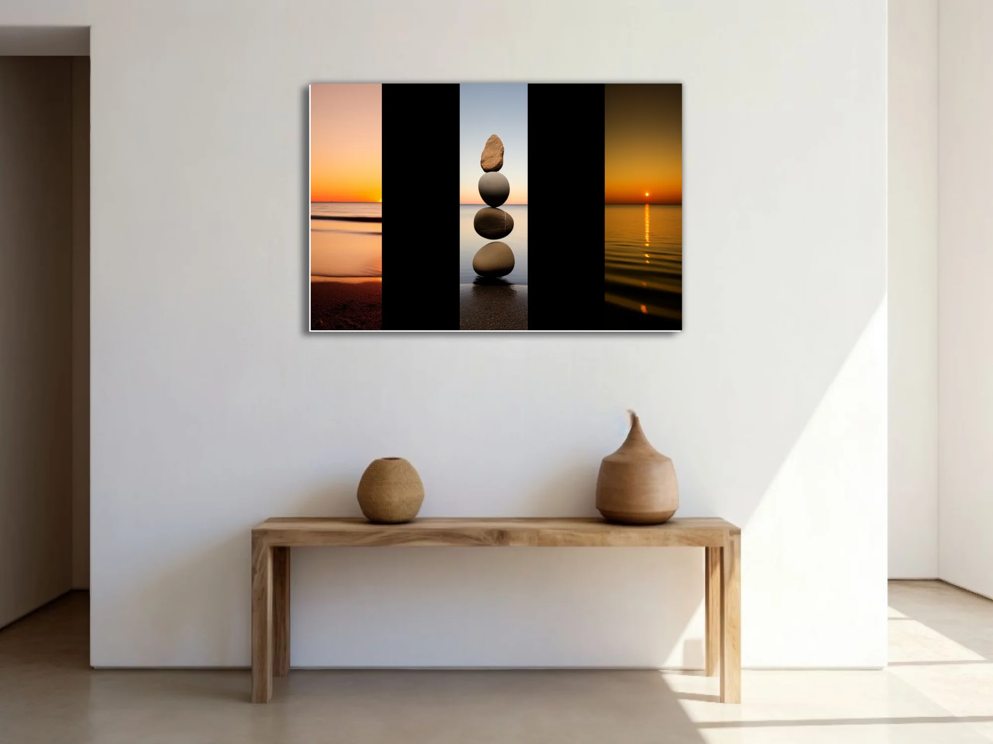 Minimalist zen stone stack triptych with coastal sunset tones, meditative wall art