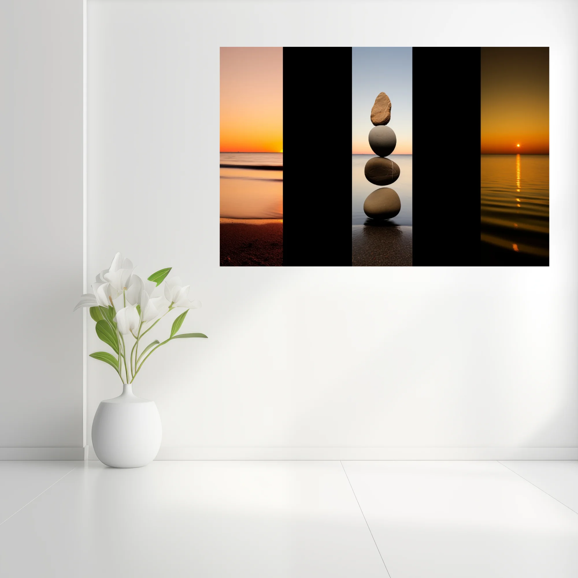 Minimalist zen stone stack triptych with coastal sunset tones, meditative wall art