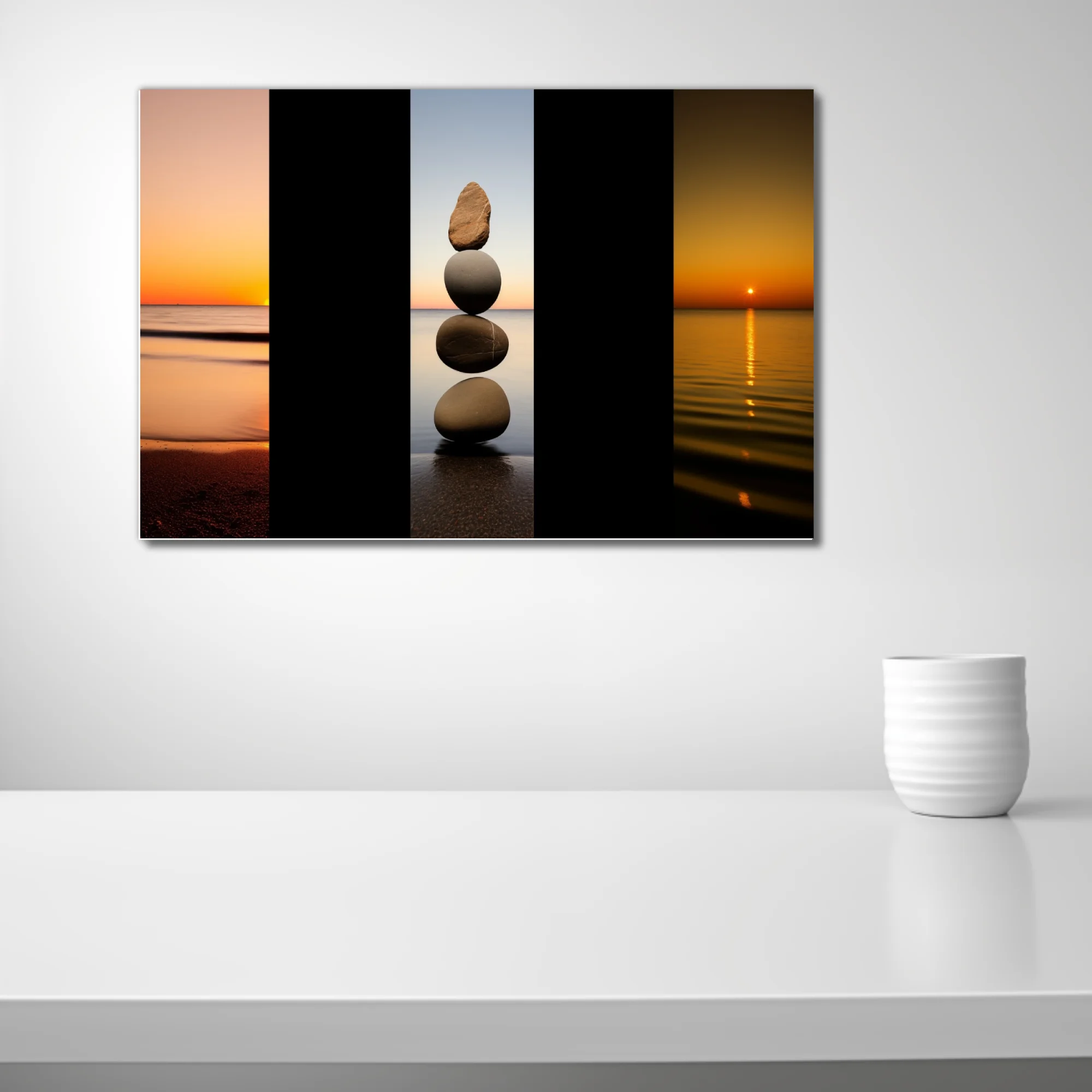 Minimalist zen stone stack triptych with coastal sunset tones, meditative wall art