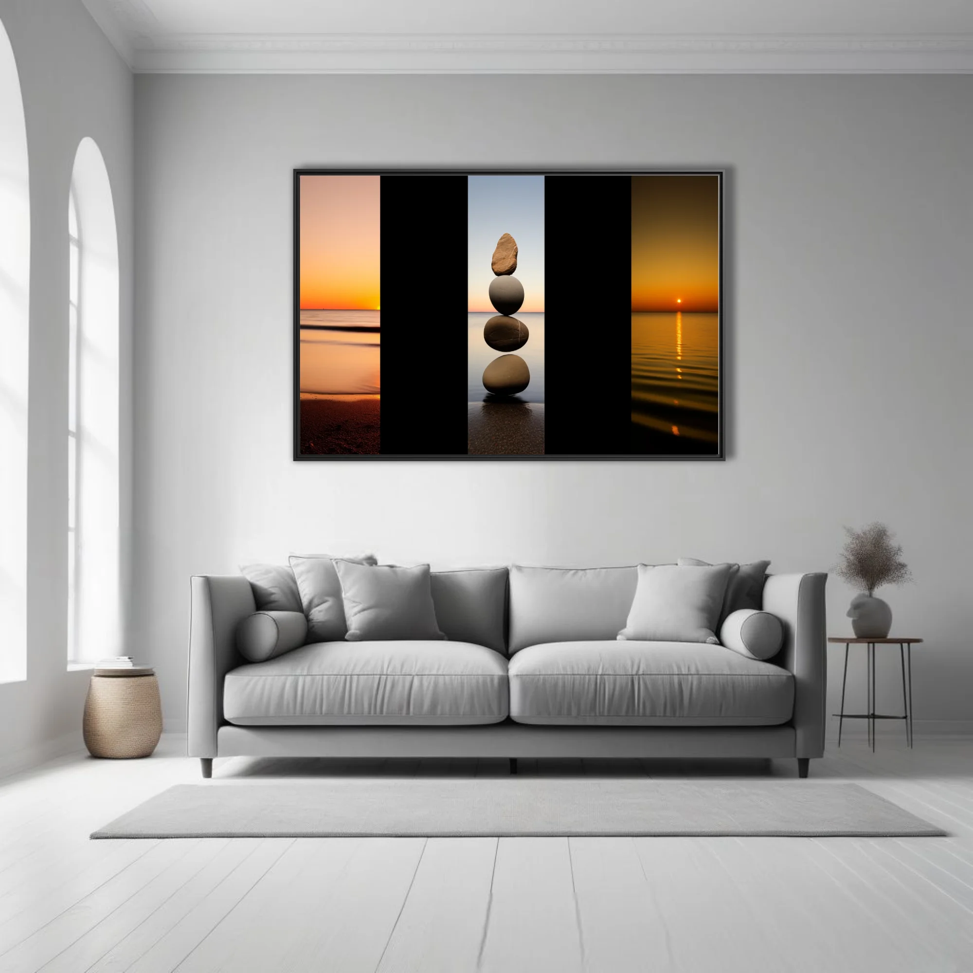 Minimalist zen stone stack triptych with coastal sunset tones, meditative wall art