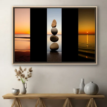 Minimalist zen stone stack triptych with coastal sunset tones, meditative wall art