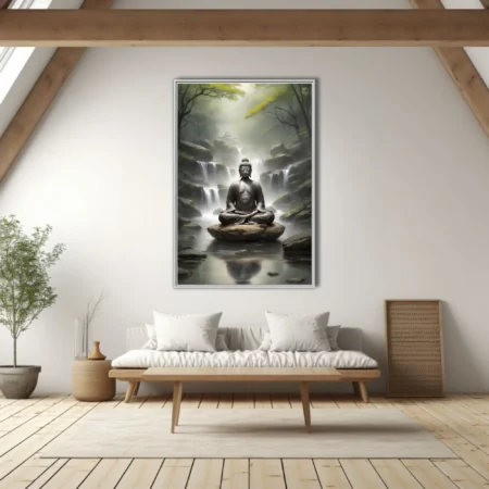 Serene Buddha statue on stone amid misty forest waterfall, cool grey-green tones