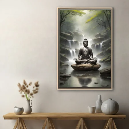 Serene Buddha statue on stone amid misty forest waterfall, cool grey-green tones