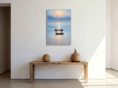 Minimalist zen seascape with wooden dock, glassy water, and soft sunset glow