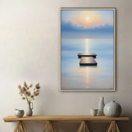 Minimalist zen seascape with wooden dock, glassy water, and soft sunset glow