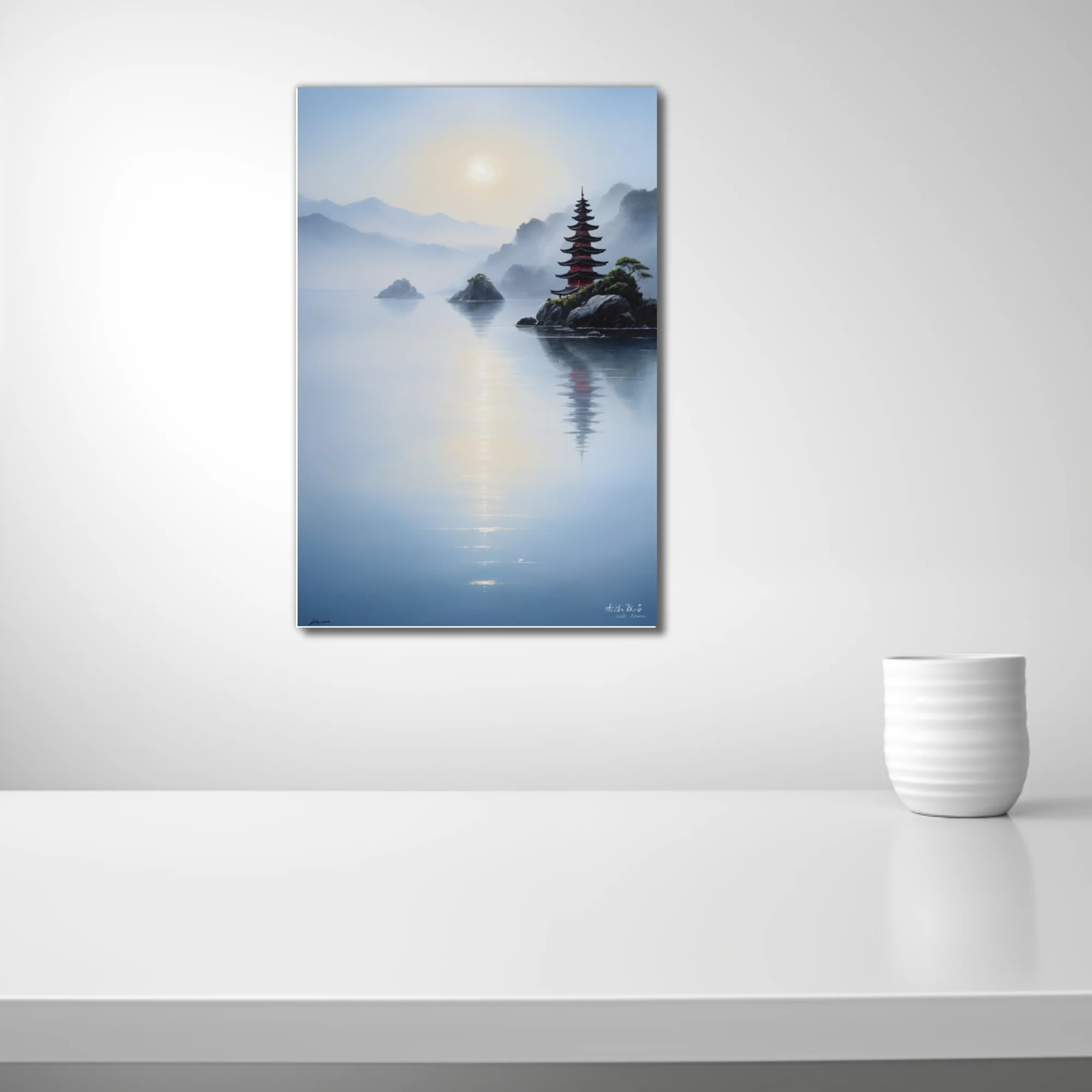 Chinese ink-wash style misty landscape with pagoda, still water, and mountain haze