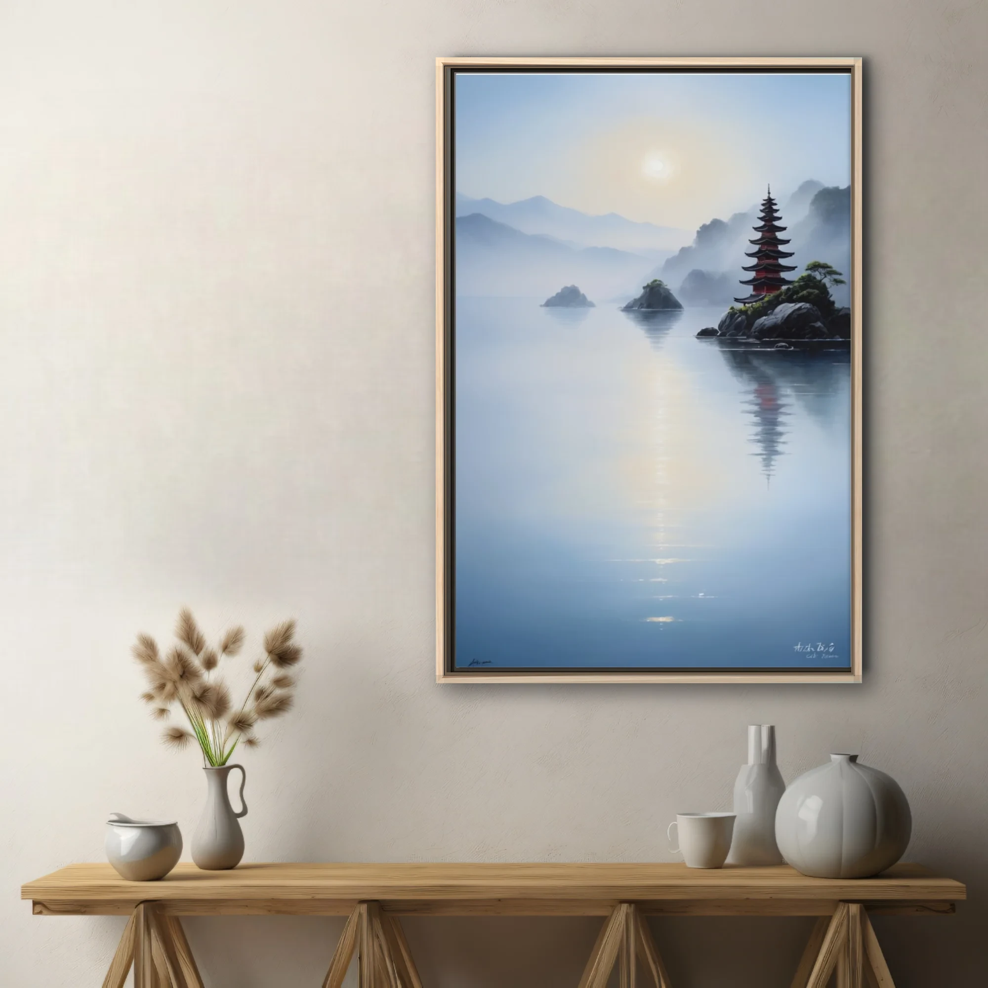 Chinese ink-wash style misty landscape with pagoda, still water, and mountain haze