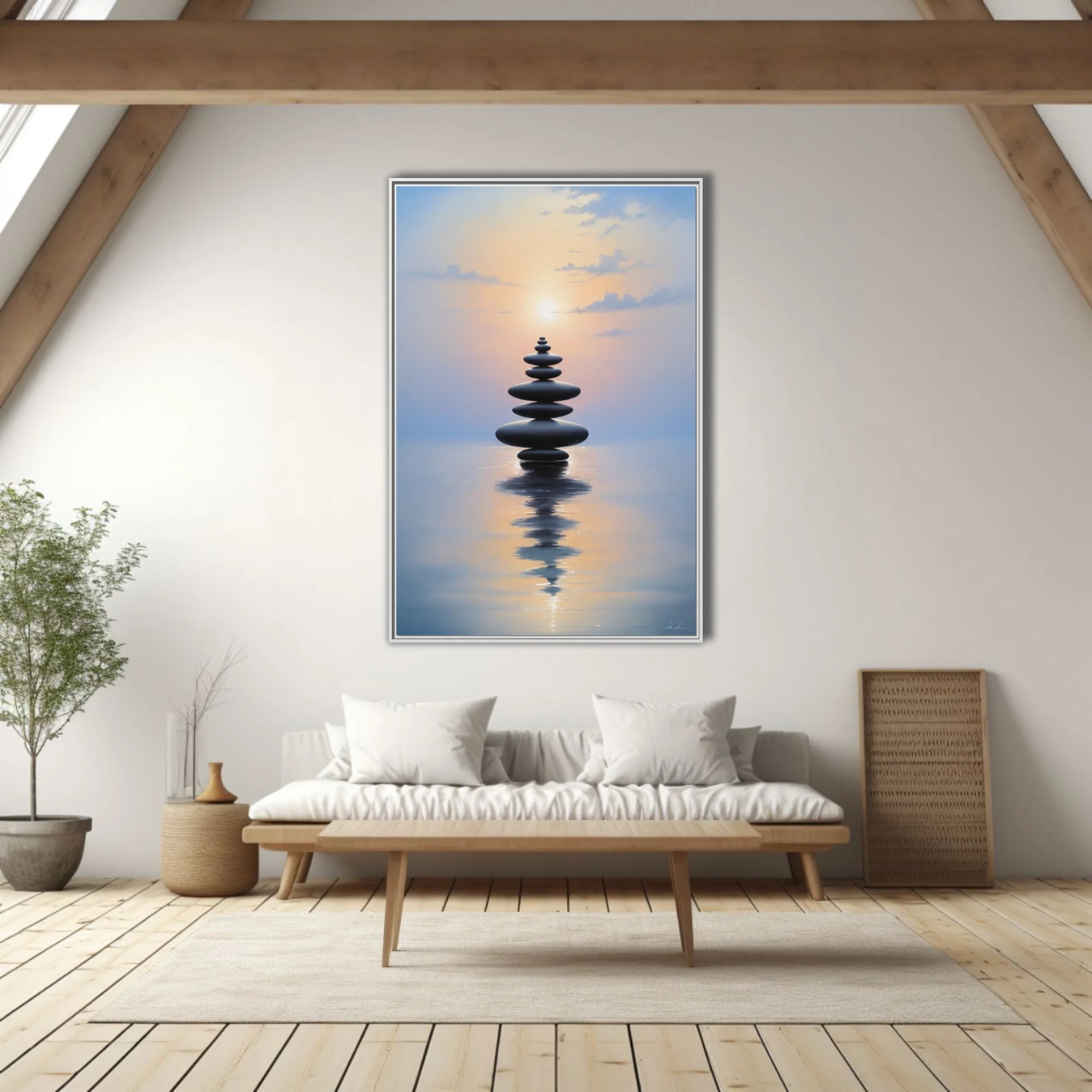 Minimalist zen stacked stones reflected on calm water at pastel twilight
