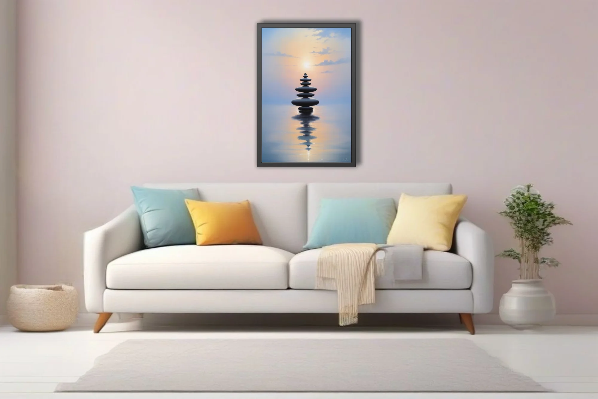 Minimalist zen stacked stones reflected on calm water at pastel twilight