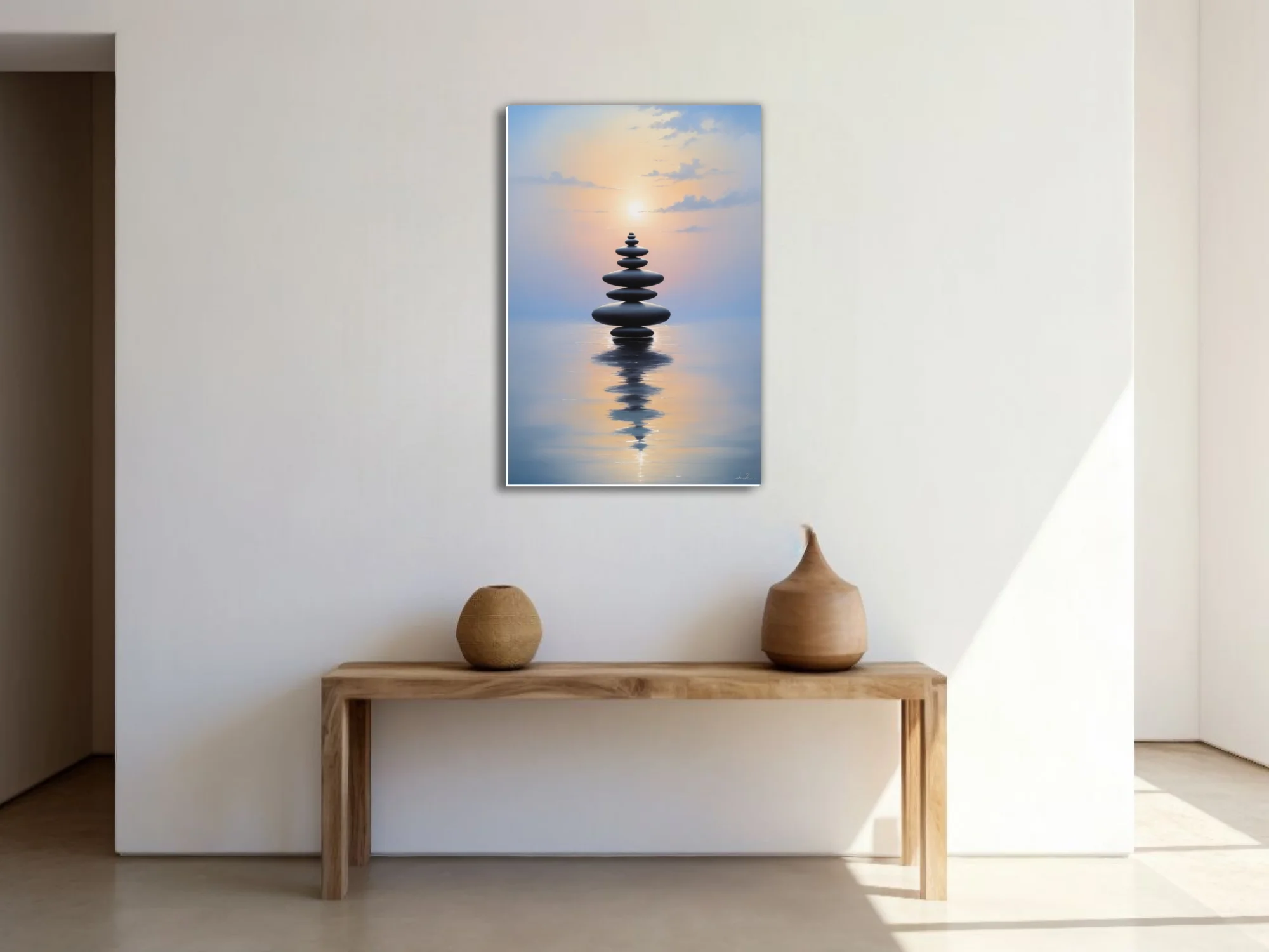 Minimalist zen stacked stones reflected on calm water at pastel twilight