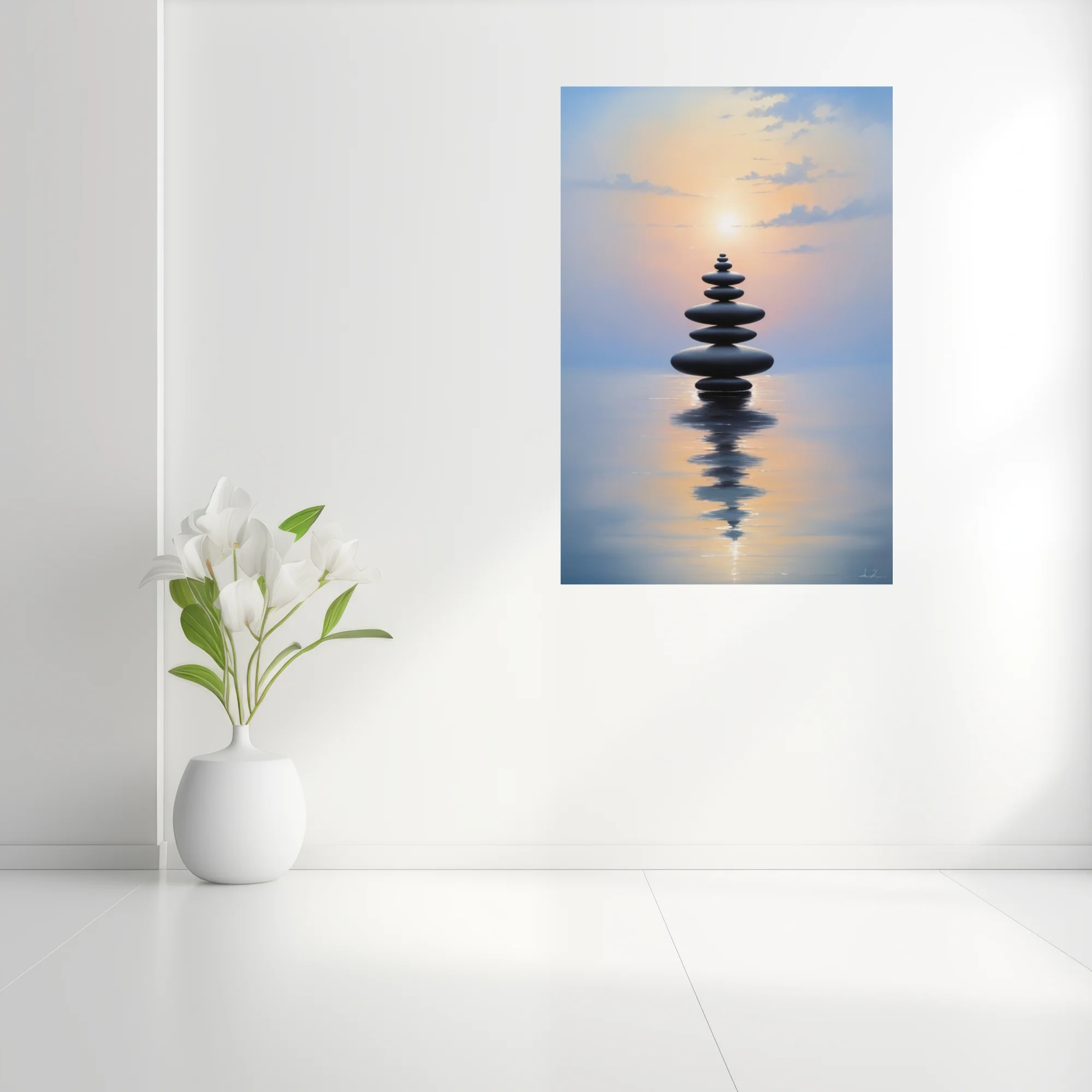 Minimalist zen stacked stones reflected on calm water at pastel twilight