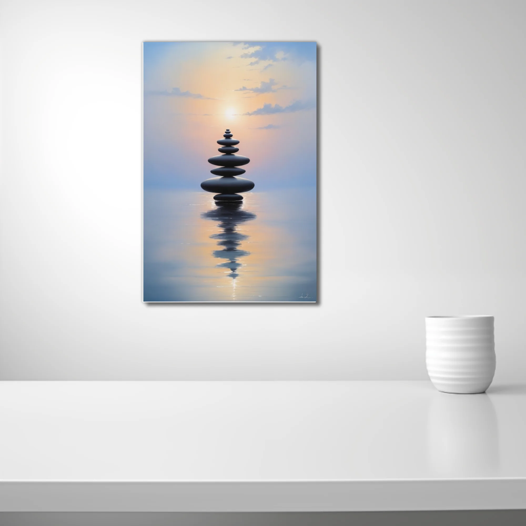 Minimalist zen stacked stones reflected on calm water at pastel twilight