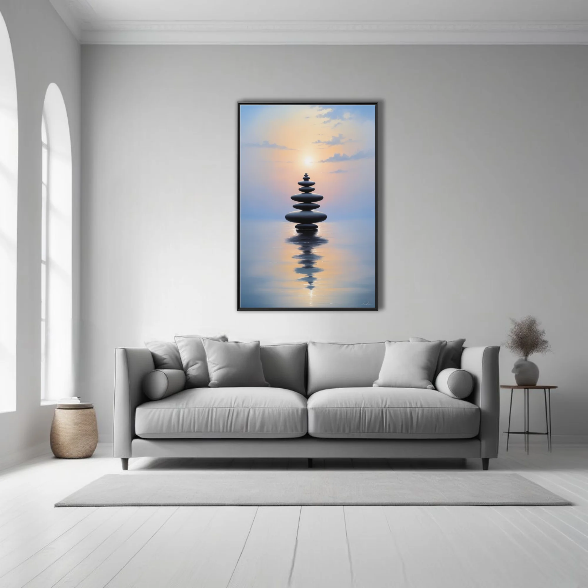 Minimalist zen stacked stones reflected on calm water at pastel twilight