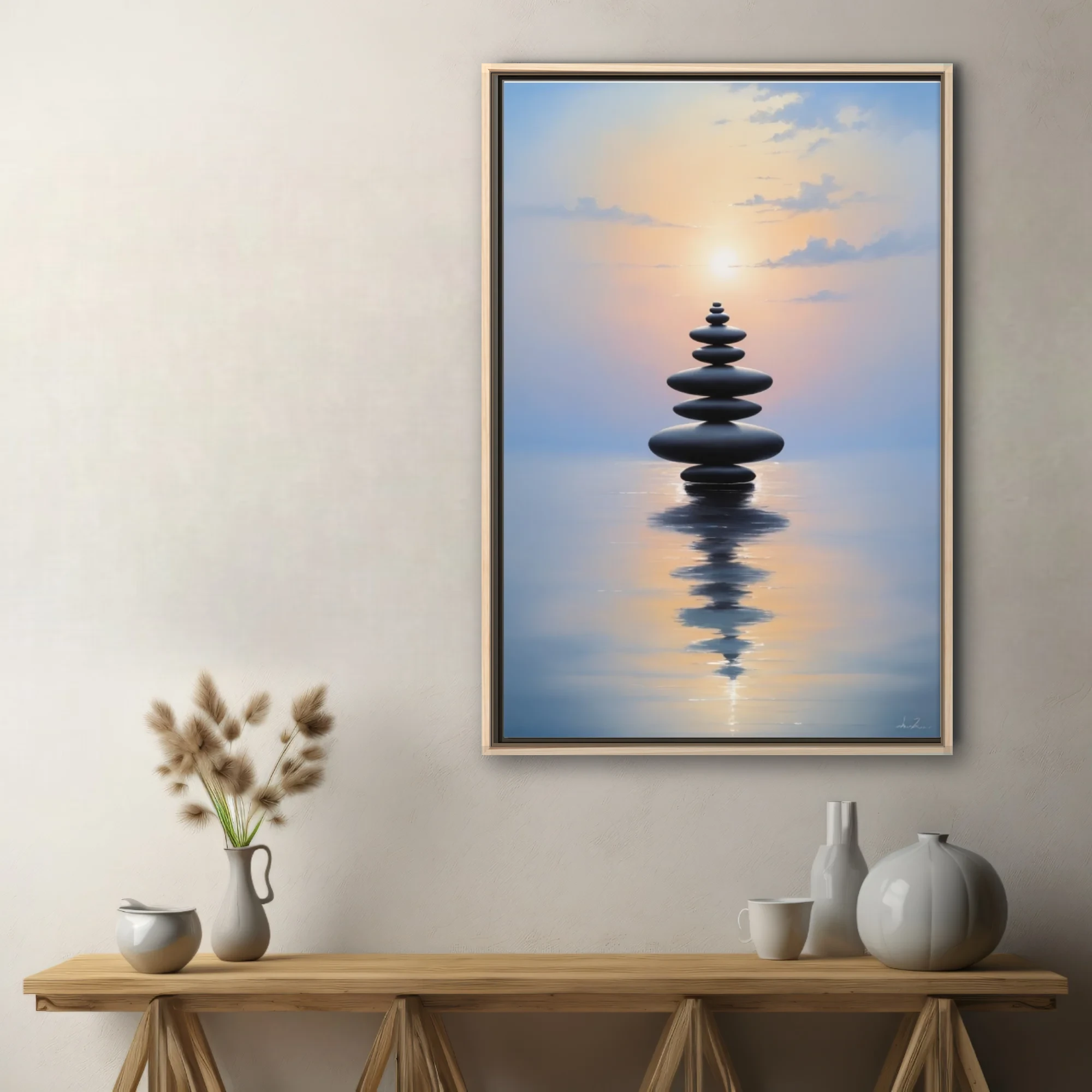 Minimalist zen stacked stones reflected on calm water at pastel twilight