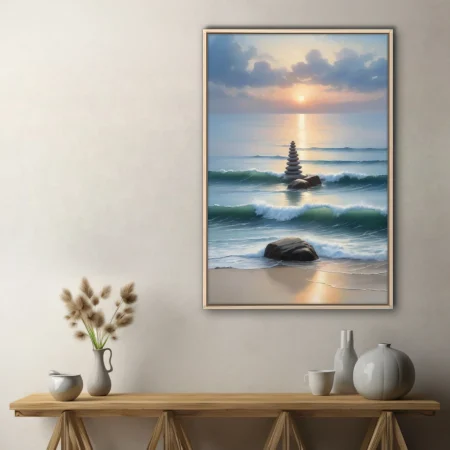 Zen stone cairn in ocean surf at sunrise, soft pastel coastal seascape