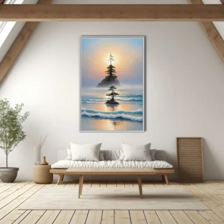 Zen ink-wash coastal scene with misty islands, bonsai-style trees, and soft dawn palette