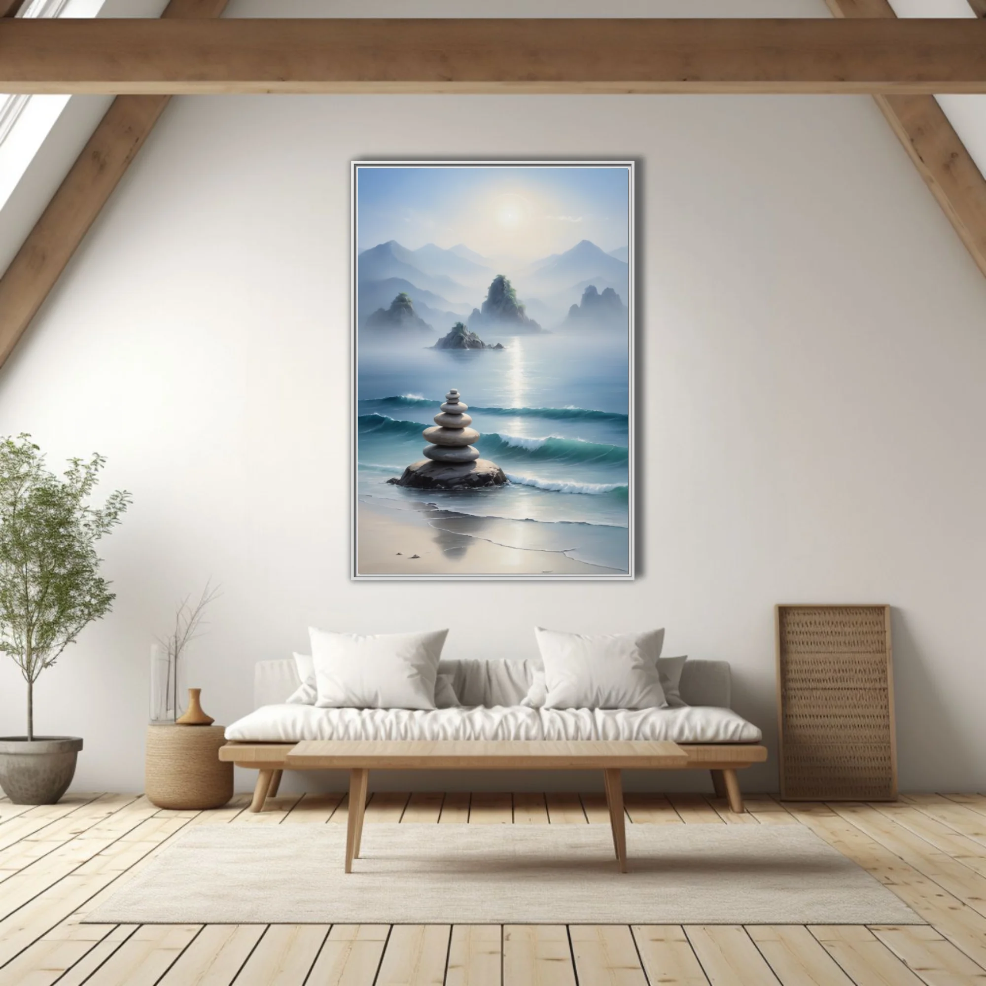 Zen ink-wash coastal landscape with stacked stones, misty mountains, and turquoise waves