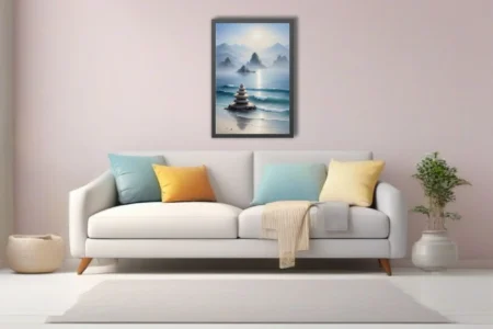 Zen ink-wash coastal landscape with stacked stones, misty mountains, and turquoise waves