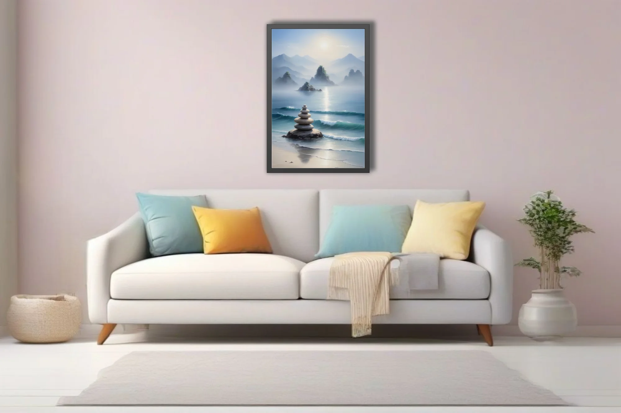 Zen ink-wash coastal landscape with stacked stones, misty mountains, and turquoise waves