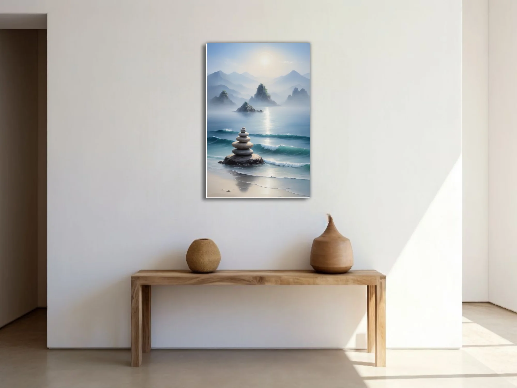 Zen ink-wash coastal landscape with stacked stones, misty mountains, and turquoise waves