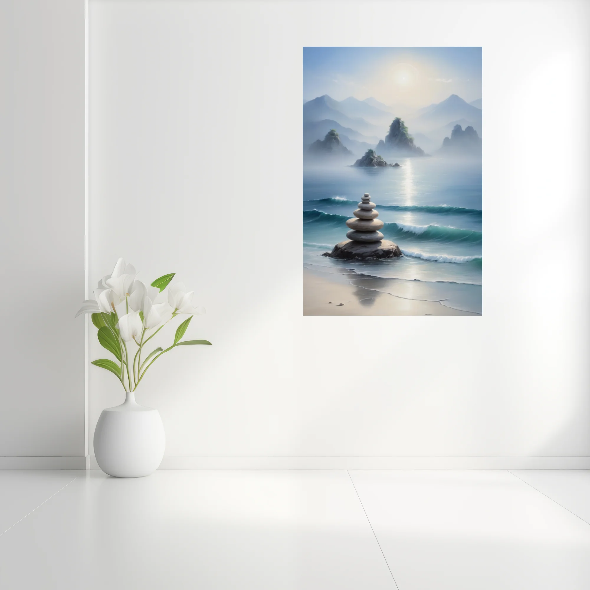 Zen ink-wash coastal landscape with stacked stones, misty mountains, and turquoise waves