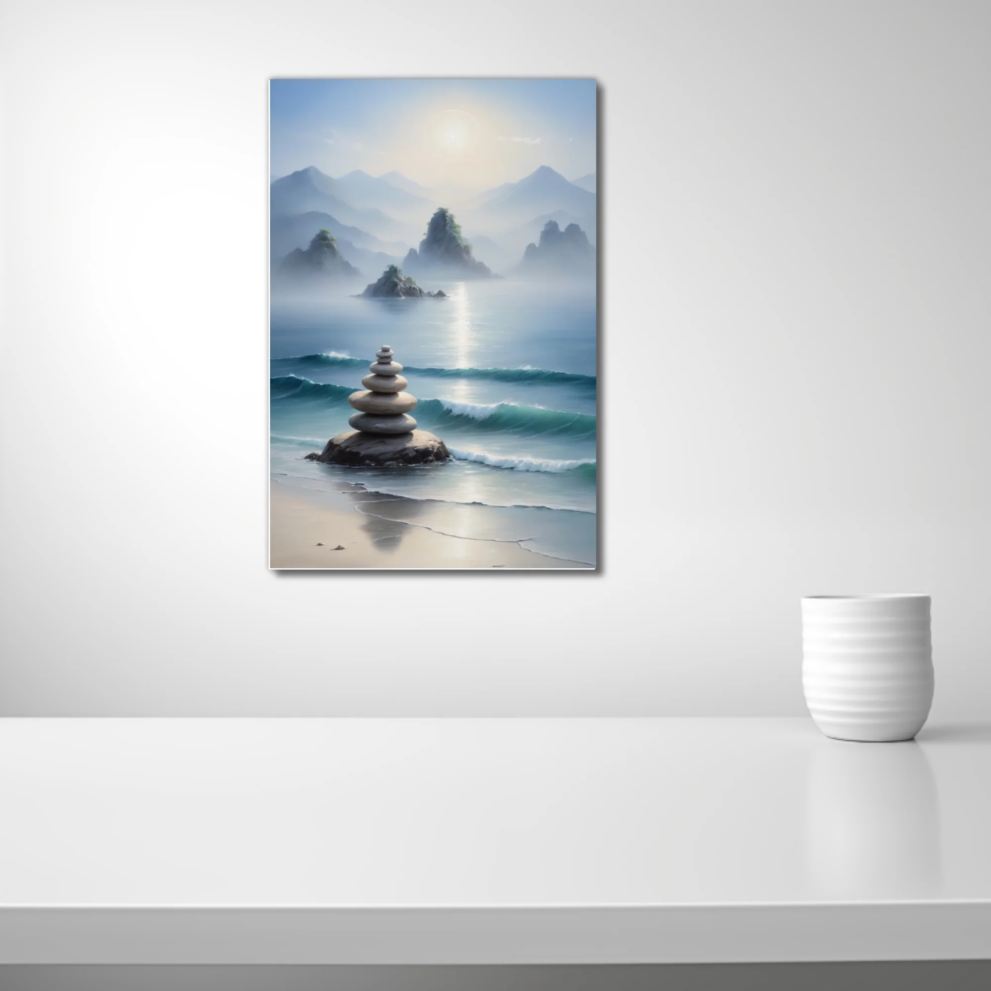 Zen ink-wash coastal landscape with stacked stones, misty mountains, and turquoise waves