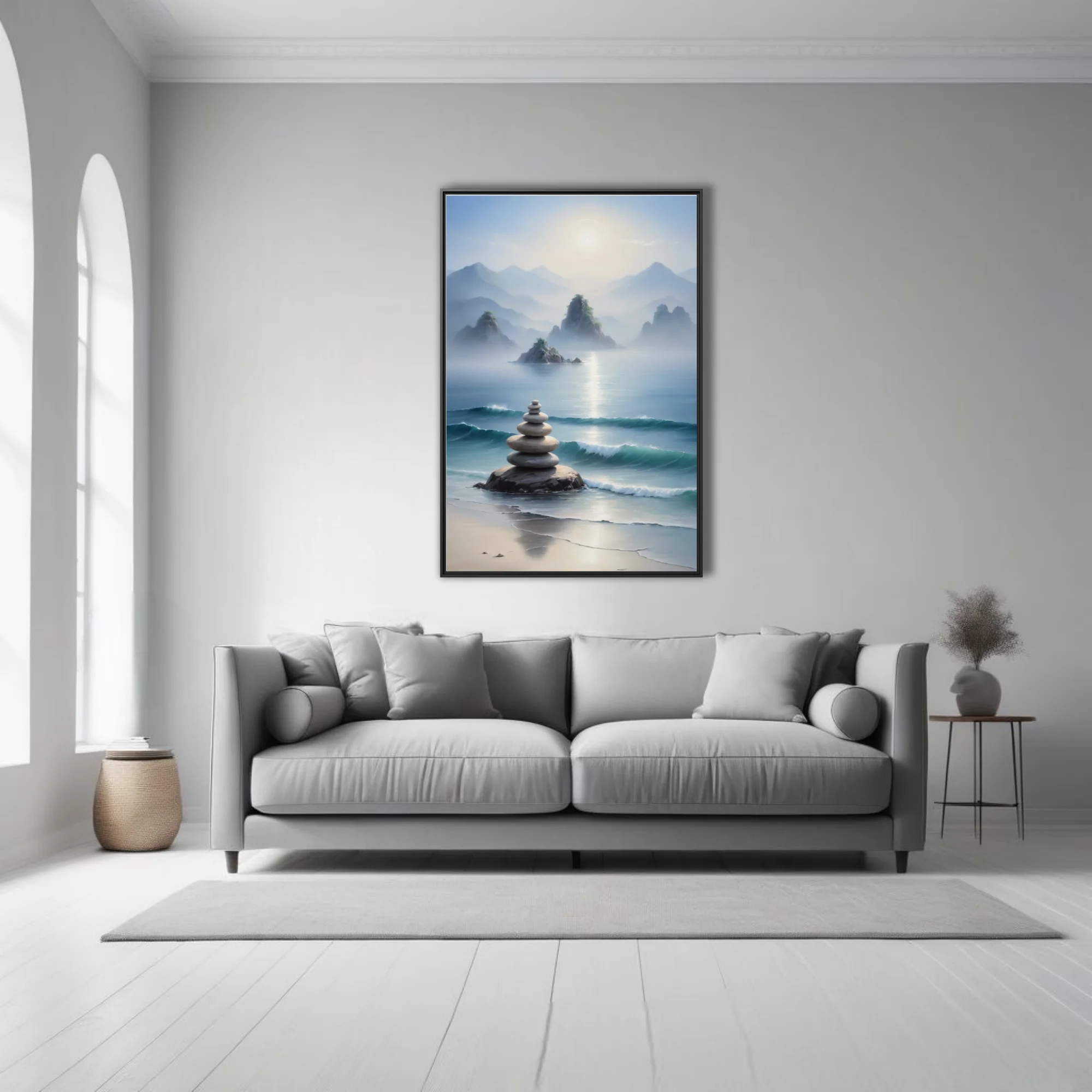 Zen ink-wash coastal landscape with stacked stones, misty mountains, and turquoise waves