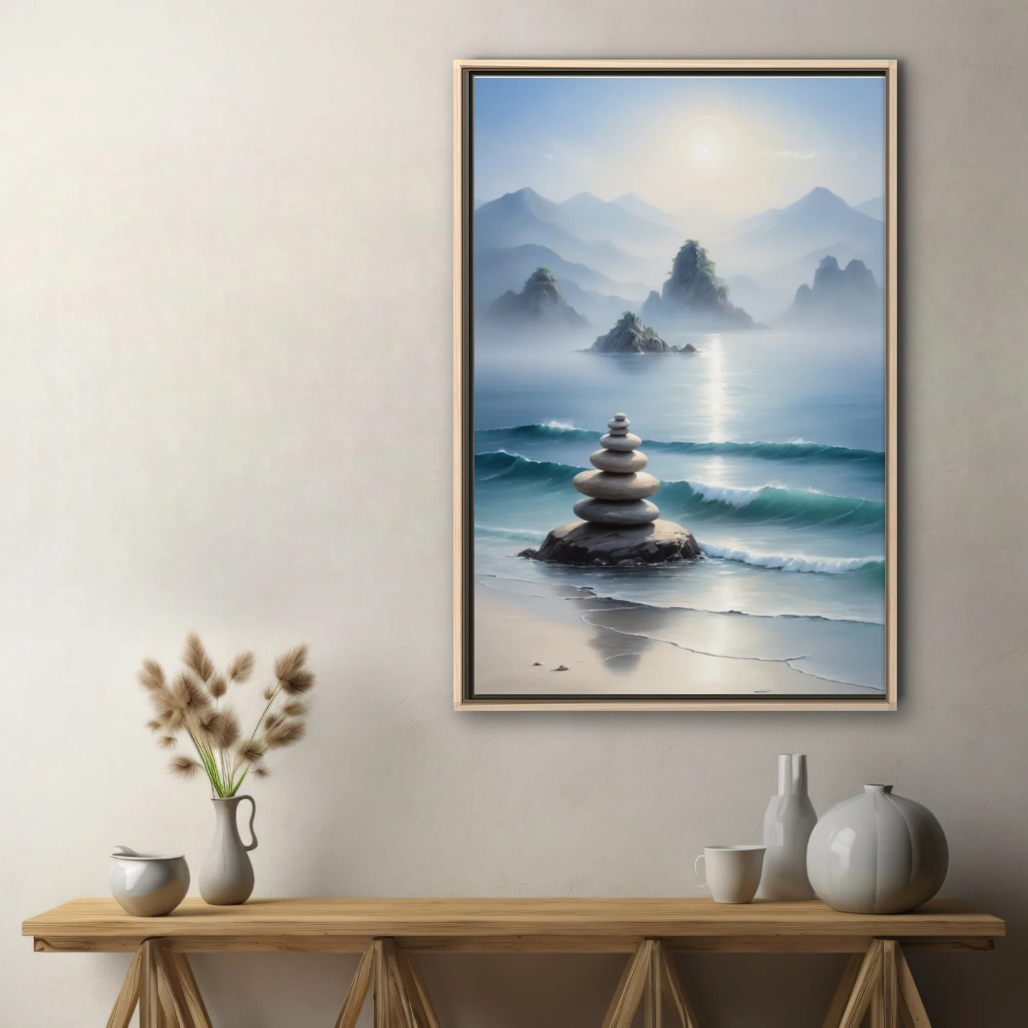 Zen ink-wash coastal landscape with stacked stones, misty mountains, and turquoise waves