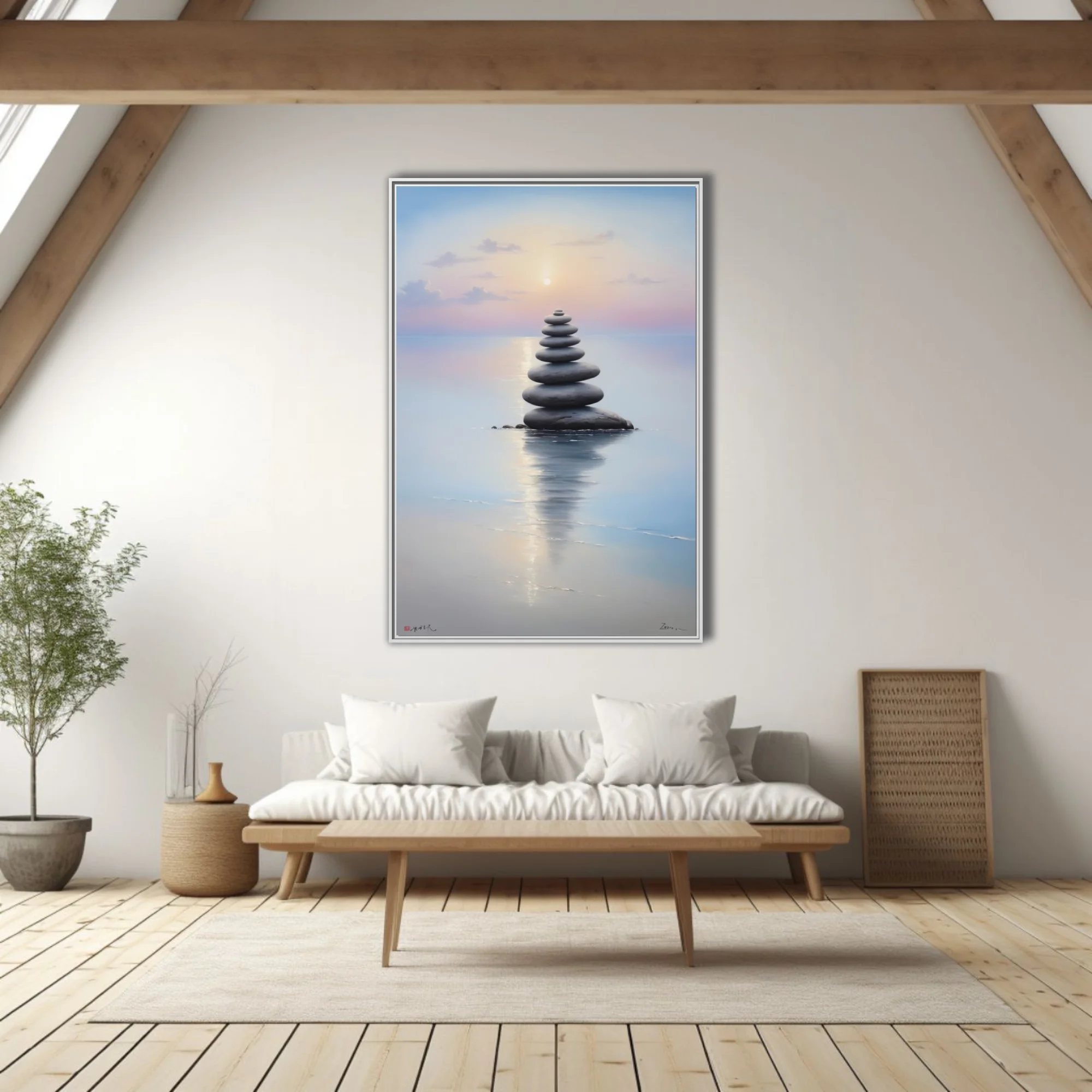 Zen minimalist stacked stones over still water at soft pastel sunrise