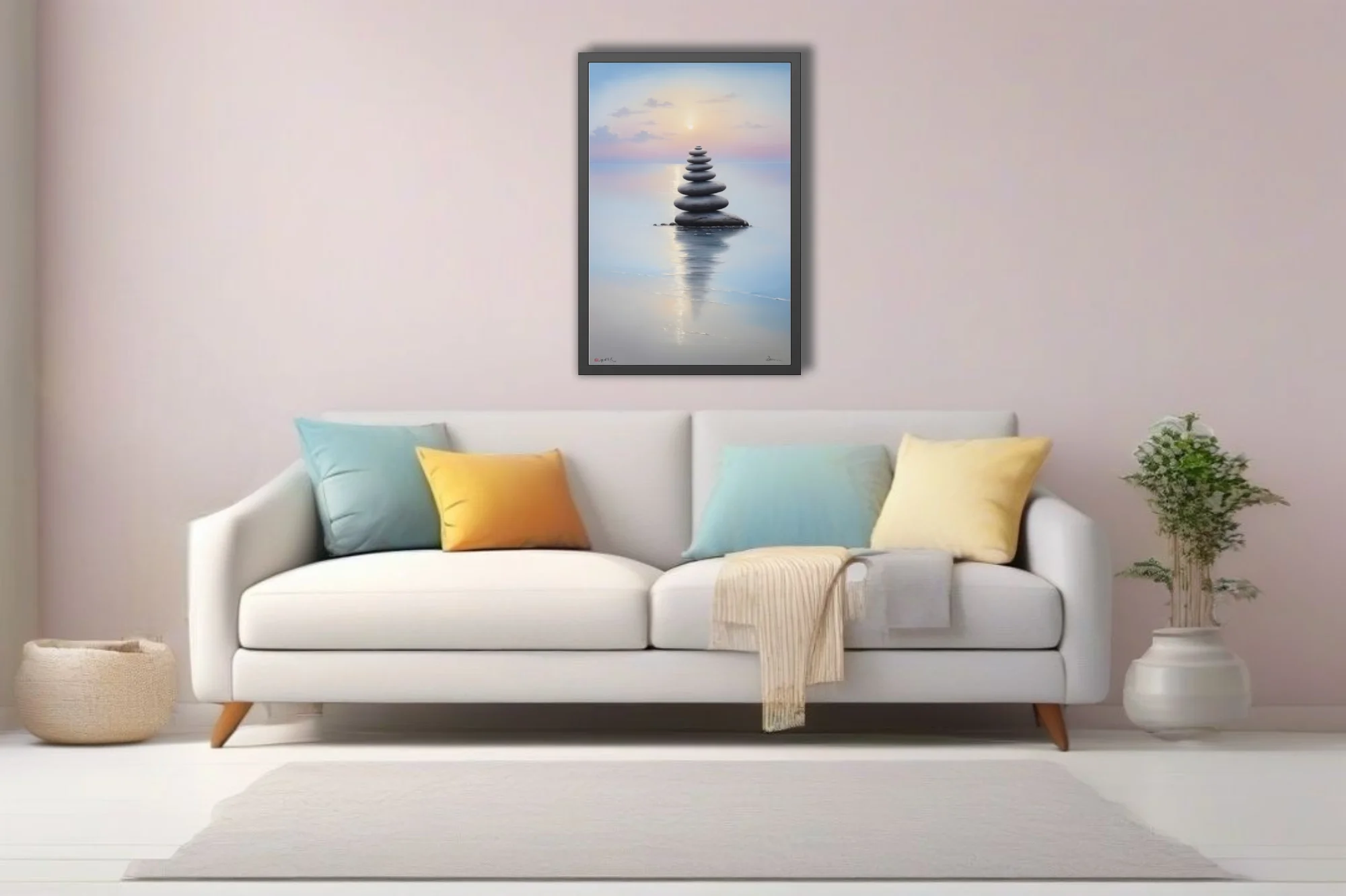 Zen minimalist stacked stones over still water at soft pastel sunrise