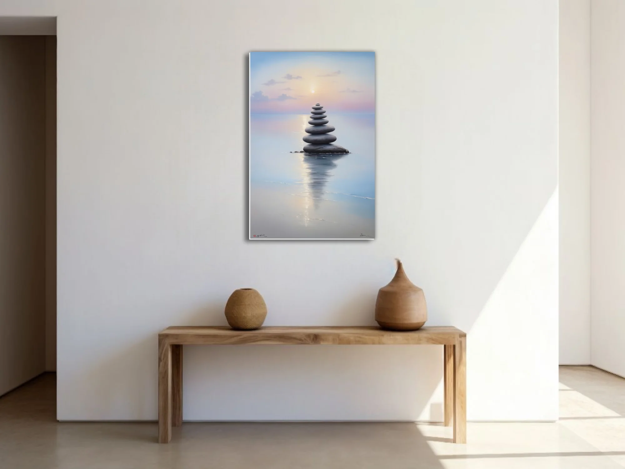 Zen minimalist stacked stones over still water at soft pastel sunrise