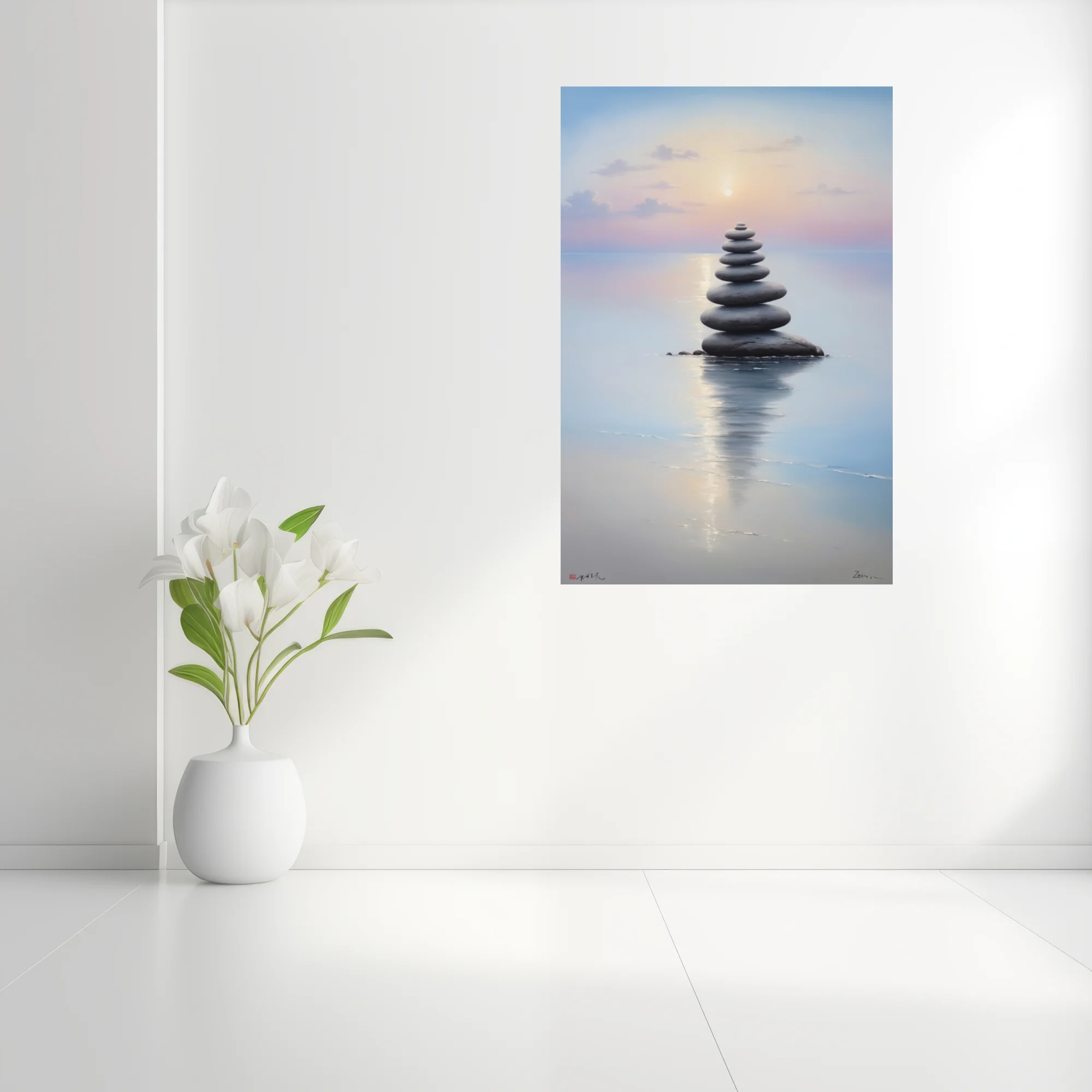 Zen minimalist stacked stones over still water at soft pastel sunrise